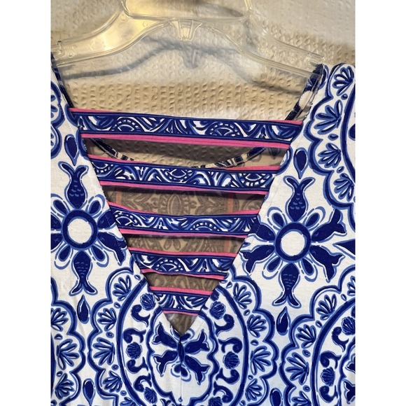 Lilly Pulitzer Women's XS Blue White Flora Stretch A-line Dress Knee Straps - Picture 9 of 10